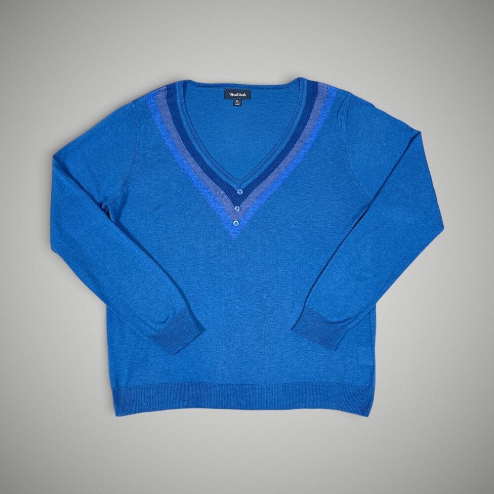 ModCloth Women's Knit V-Neck Sweater Blue Ombre Stripes Buttons Retro Size XL